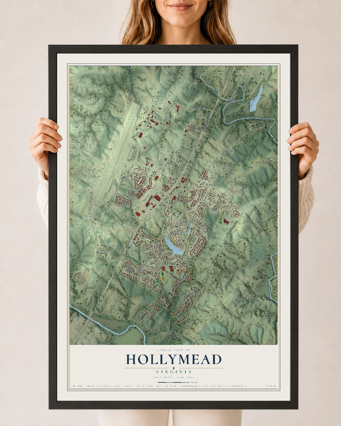 Map of Hollymead, Virginia, 24 x 36 inch print in a black wood frame