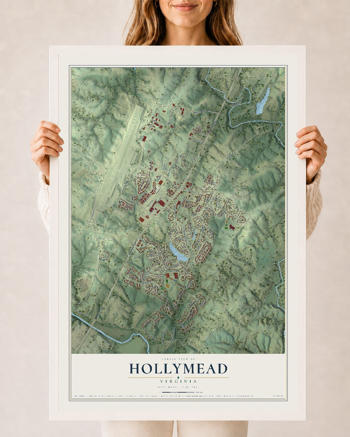 Map of Hollymead, Virginia, 24 x 36 inch print in a white wood frame