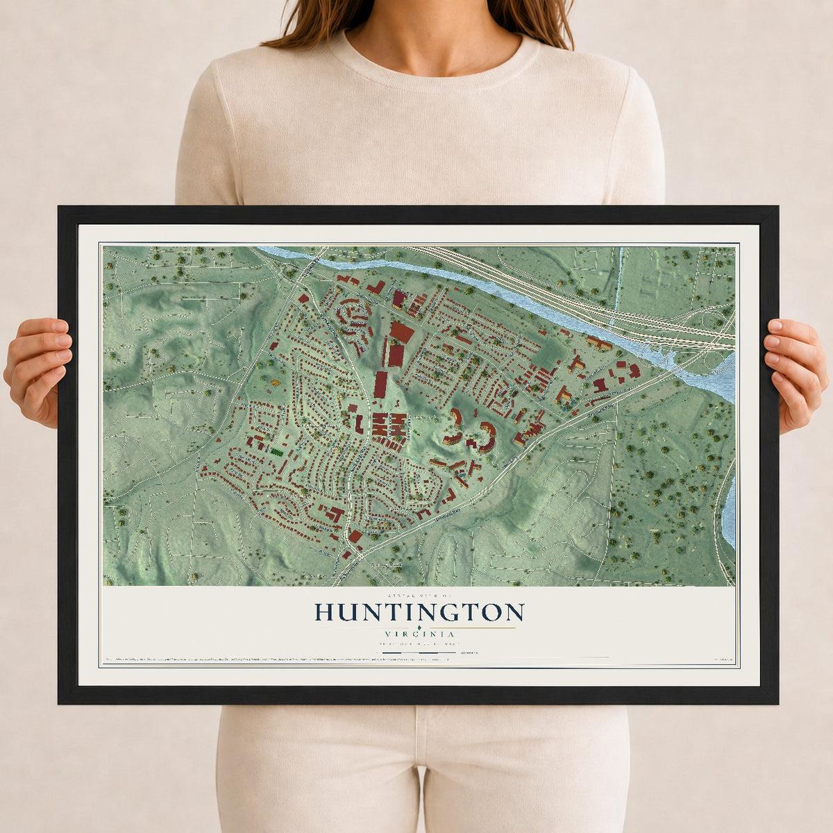 Map of Huntington, Virginia, 12 x 18 inch print in a black wood frame