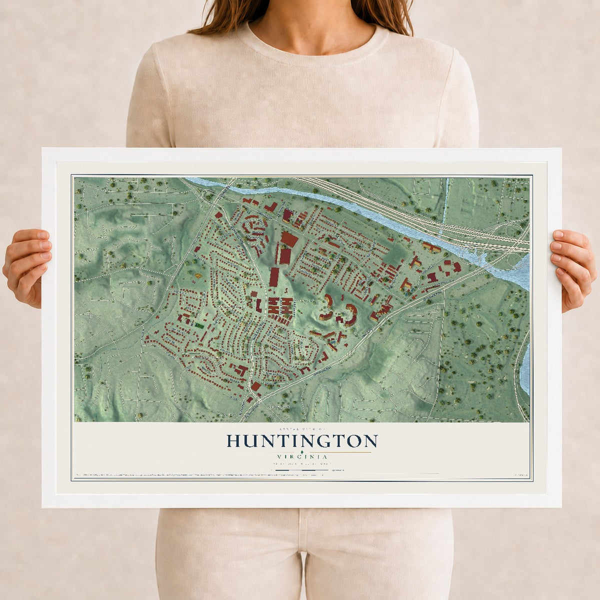 Map of Huntington, Virginia, 12 x 18 inch print in a white wood frame