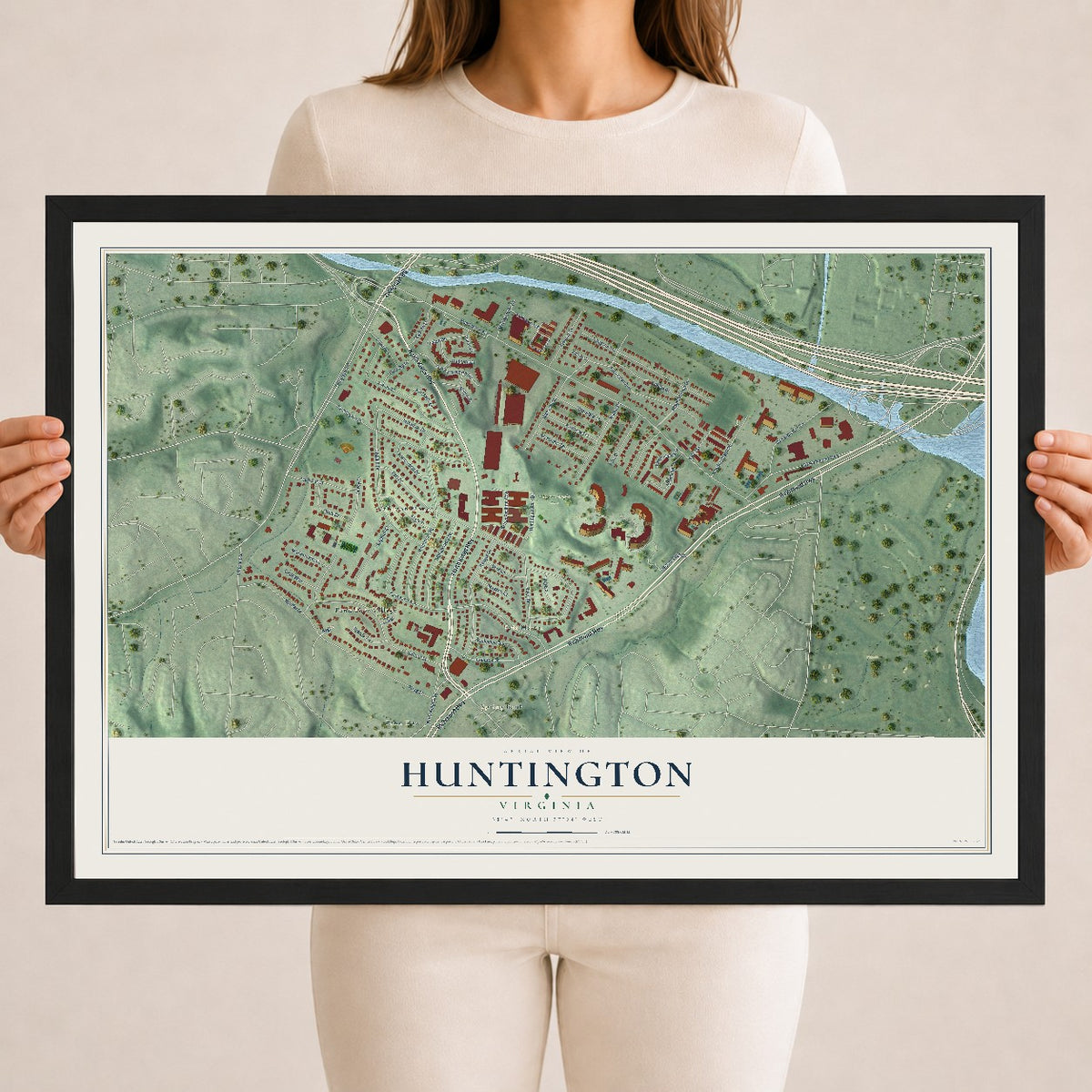 Map of Huntington, Virginia, 18 x 24 inch print in a black wood frame