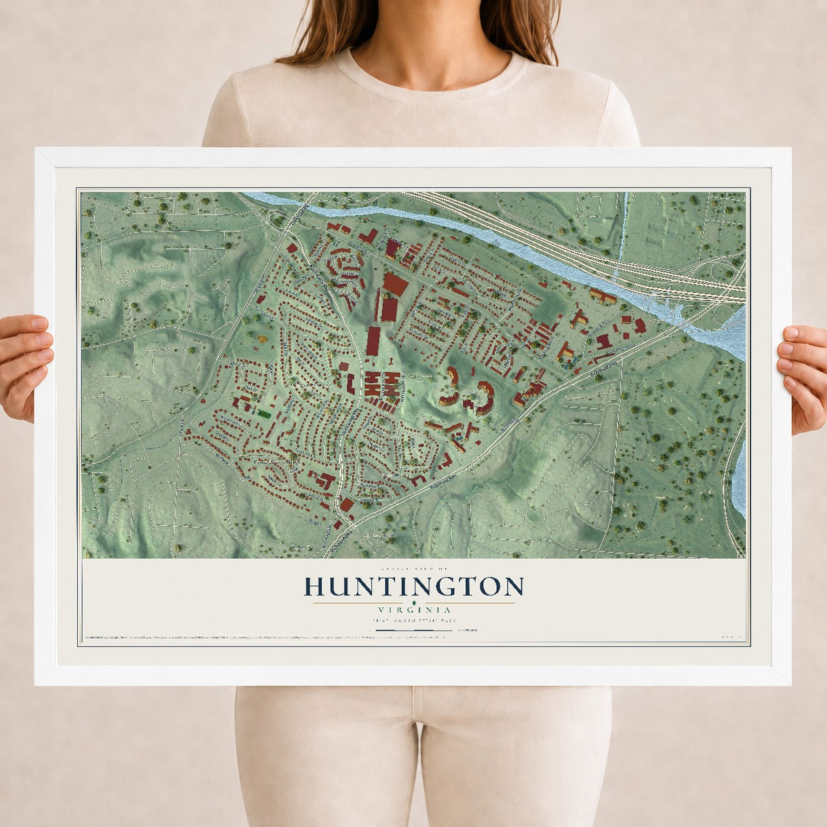 Map of Huntington, Virginia, 18 x 24 inch print in a white wood frame