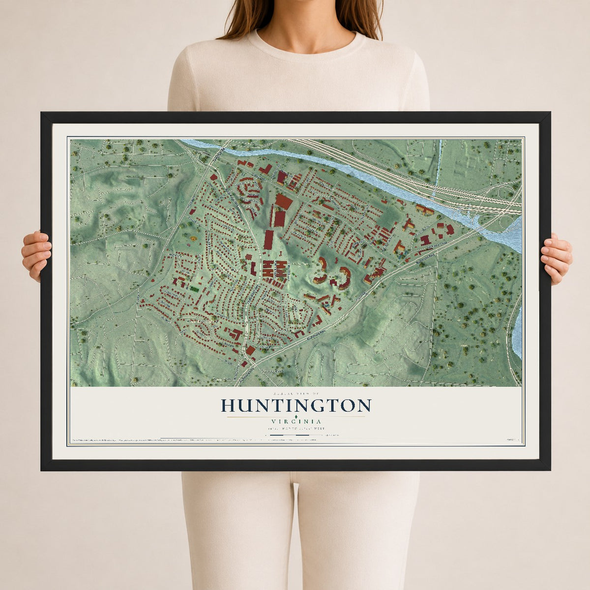 Map of Huntington, Virginia, 24 x 36 inch print in a black wood frame