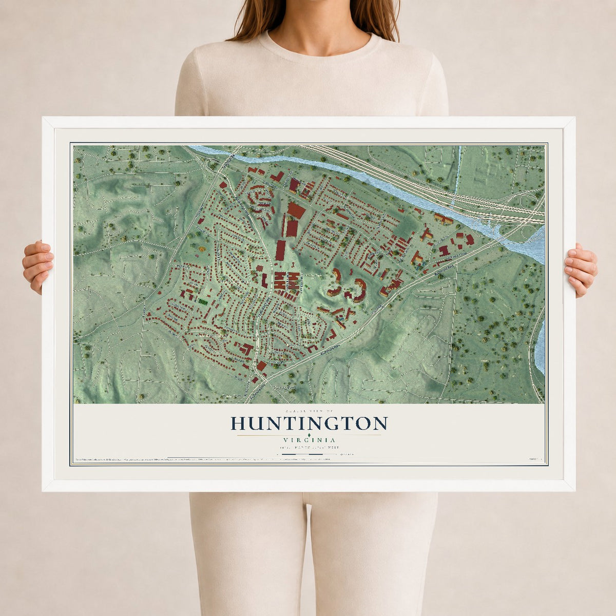 Map of Huntington, Virginia, 24 x 36 inch print in a white wood frame