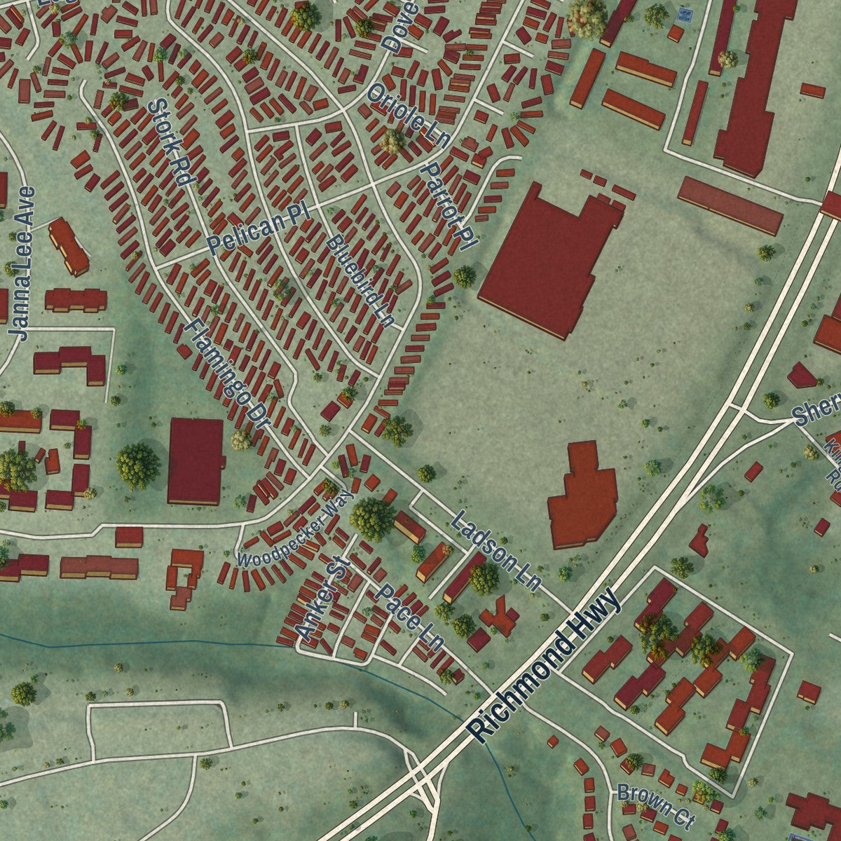 Close-up of the map of Hybla Valley, Virginia print showing street and building detail