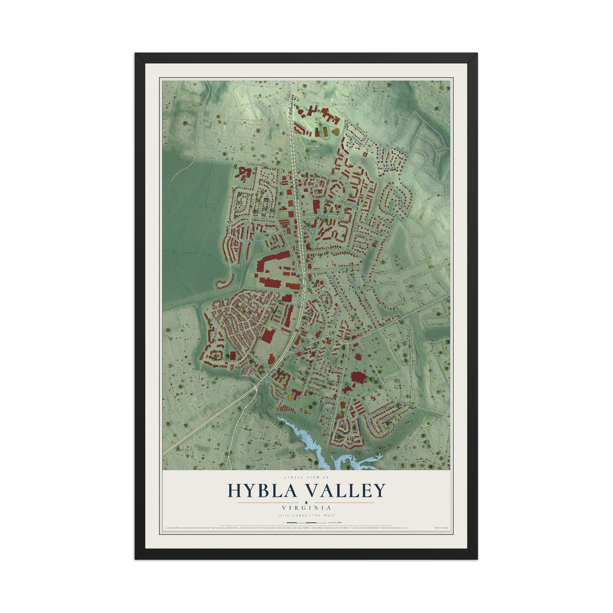 Map of Hybla Valley, Virginia, 12 x 18 inch print in a black wood frame
