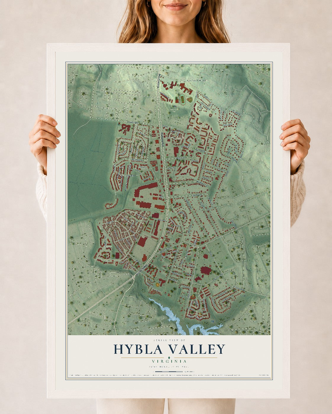 Map of Hybla Valley, Virginia, 24 x 36 inch print in a white wood frame