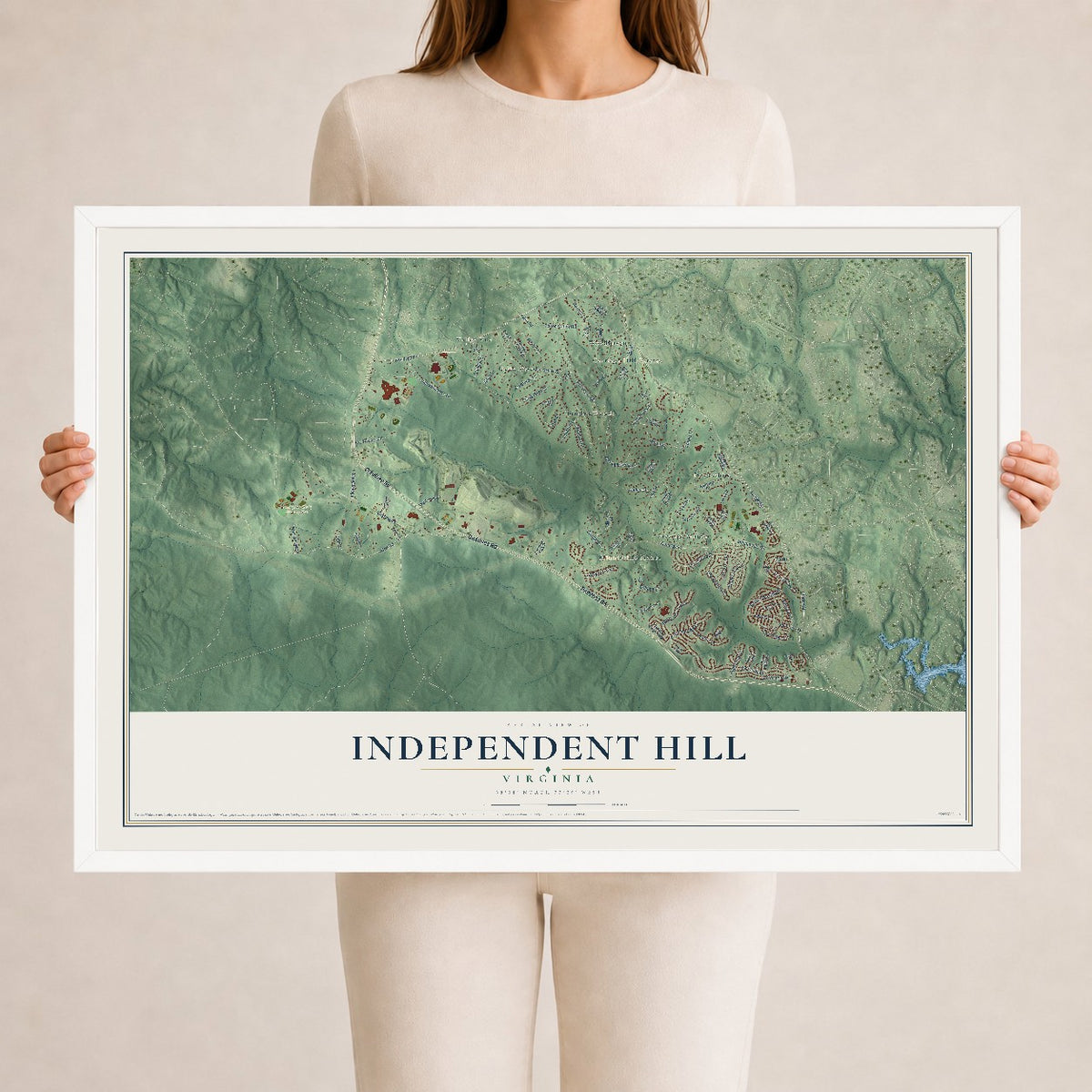 Map of Independent Hill, Virginia, 24 x 36 inch print in a white wood frame
