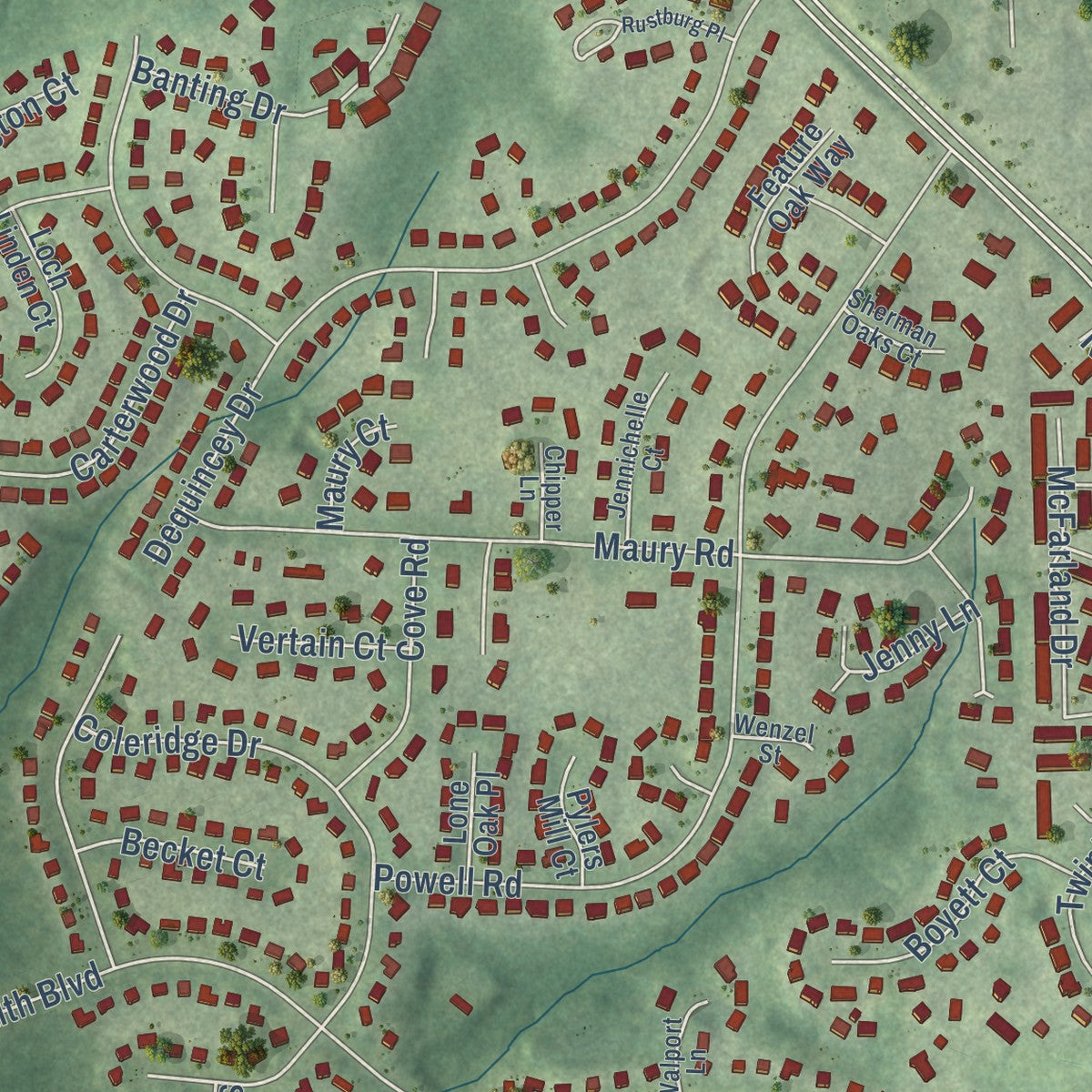 Close-up of the map of Kings Park West, Virginia print showing street and building detail
