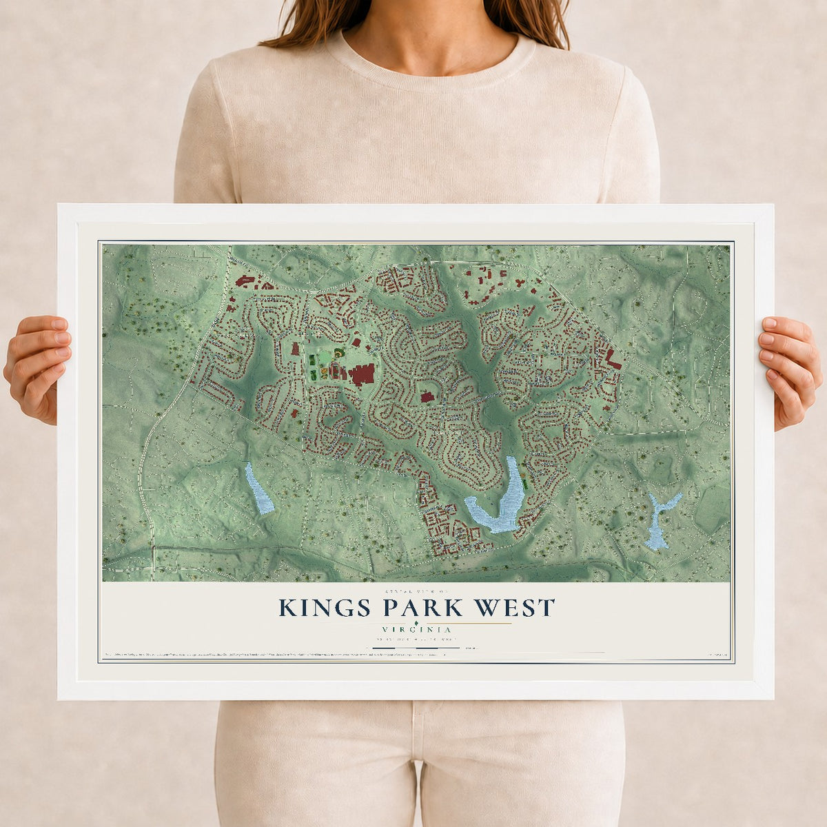 Map of Kings Park West, Virginia, 12 x 18 inch print in a white wood frame