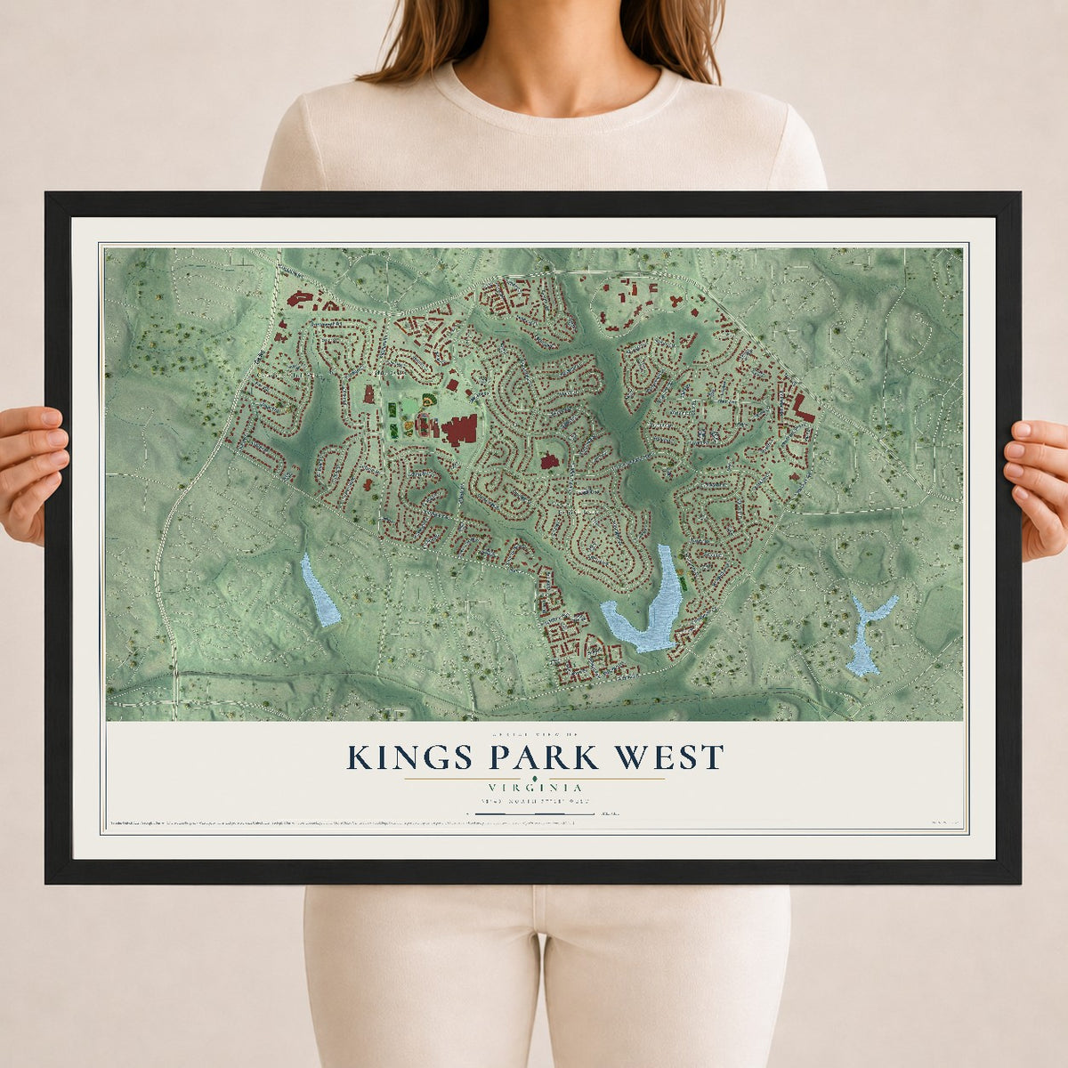 Map of Kings Park West, Virginia, 18 x 24 inch print in a black wood frame