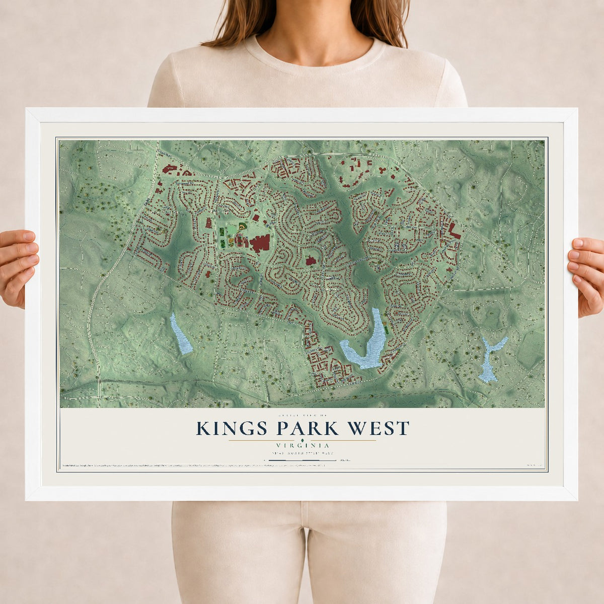 Map of Kings Park West, Virginia, 18 x 24 inch print in a white wood frame
