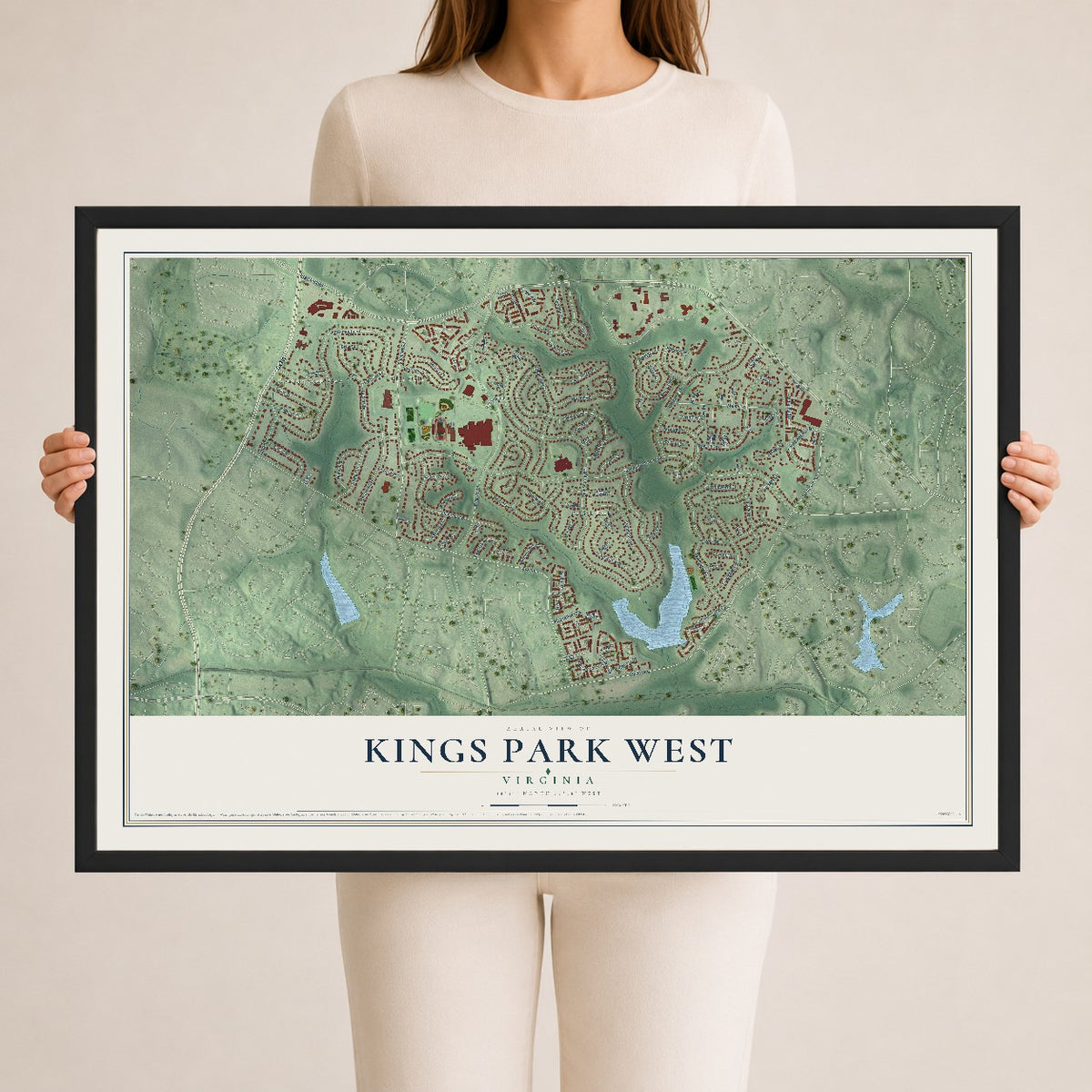 Map of Kings Park West, Virginia, 24 x 36 inch print in a black wood frame