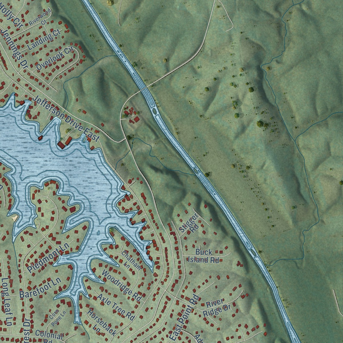 Second close-up of the map of Lake Monticello, Virginia print showing more streets and buildings