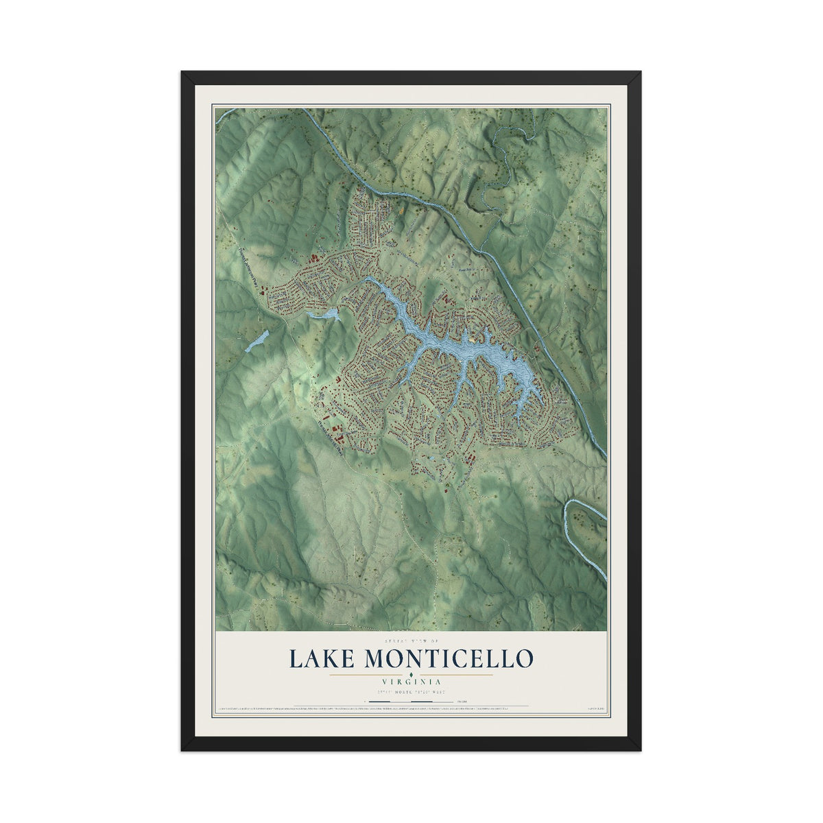 Map of Lake Monticello, Virginia, 12 x 18 inch print in a black wood frame