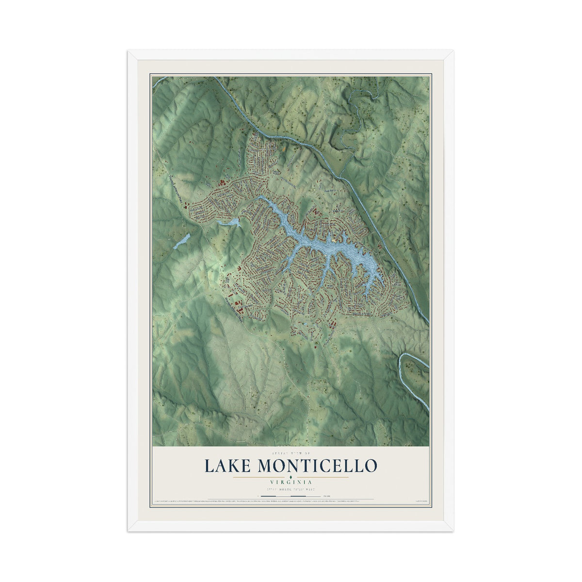 Map of Lake Monticello, Virginia, 12 x 18 inch print in a white wood frame