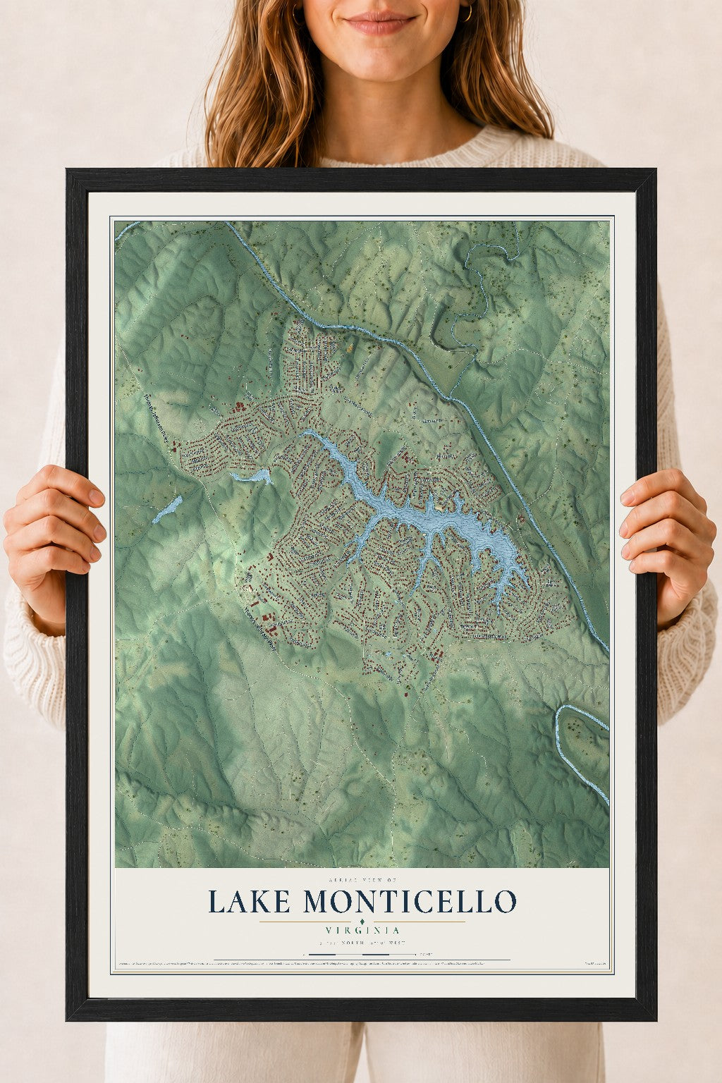 Map of Lake Monticello, Virginia, 18 x 24 inch print in a black wood frame