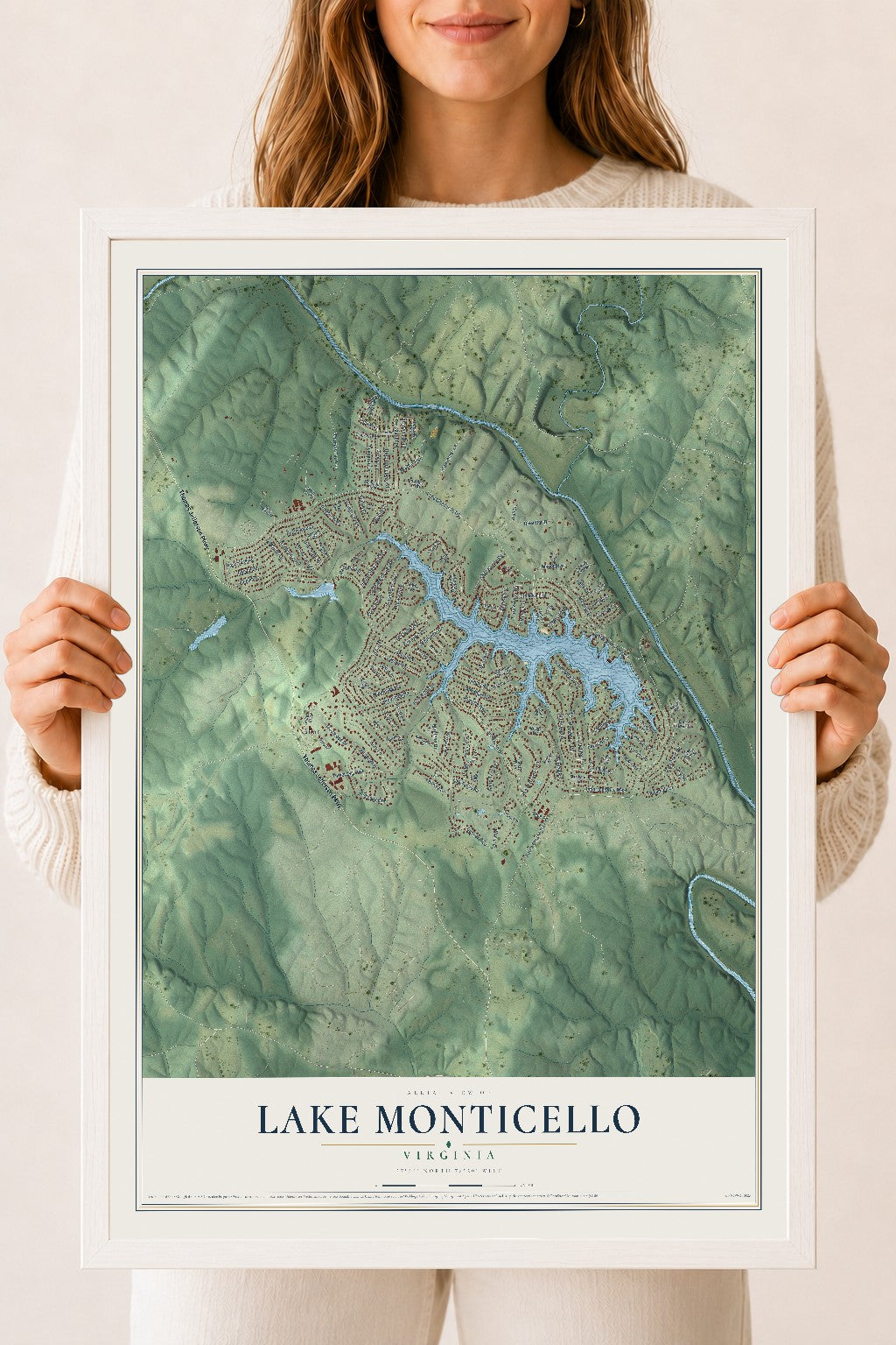 Map of Lake Monticello, Virginia, 18 x 24 inch print in a white wood frame