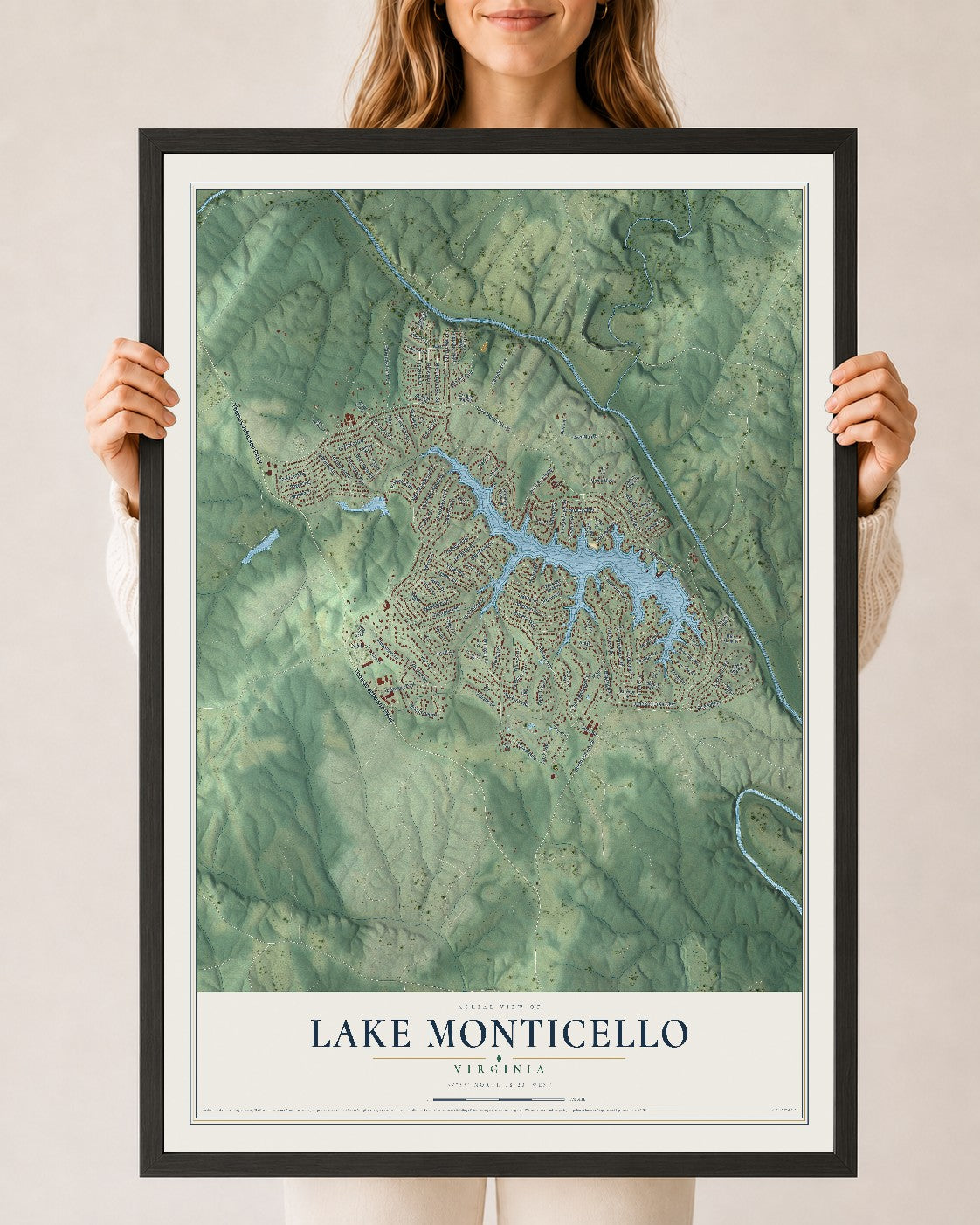 Map of Lake Monticello, Virginia, 24 x 36 inch print in a black wood frame