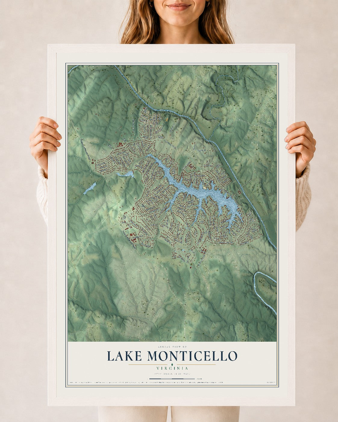 Map of Lake Monticello, Virginia, 24 x 36 inch print in a white wood frame