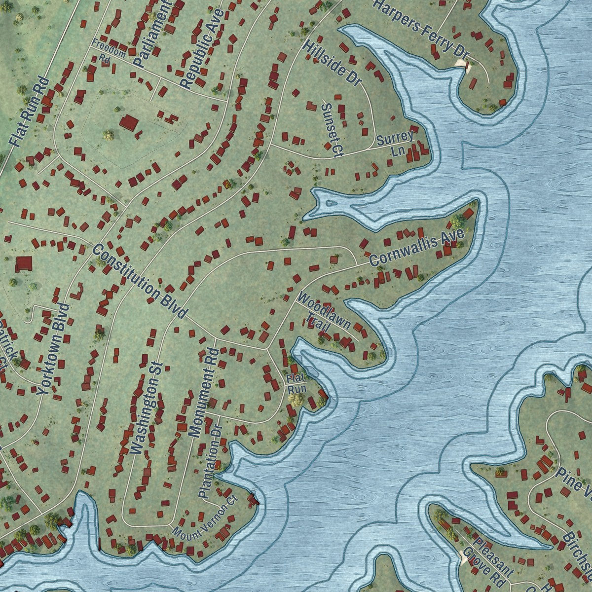 Close-up of the map of Lake of the Woods, Virginia print showing street and building detail