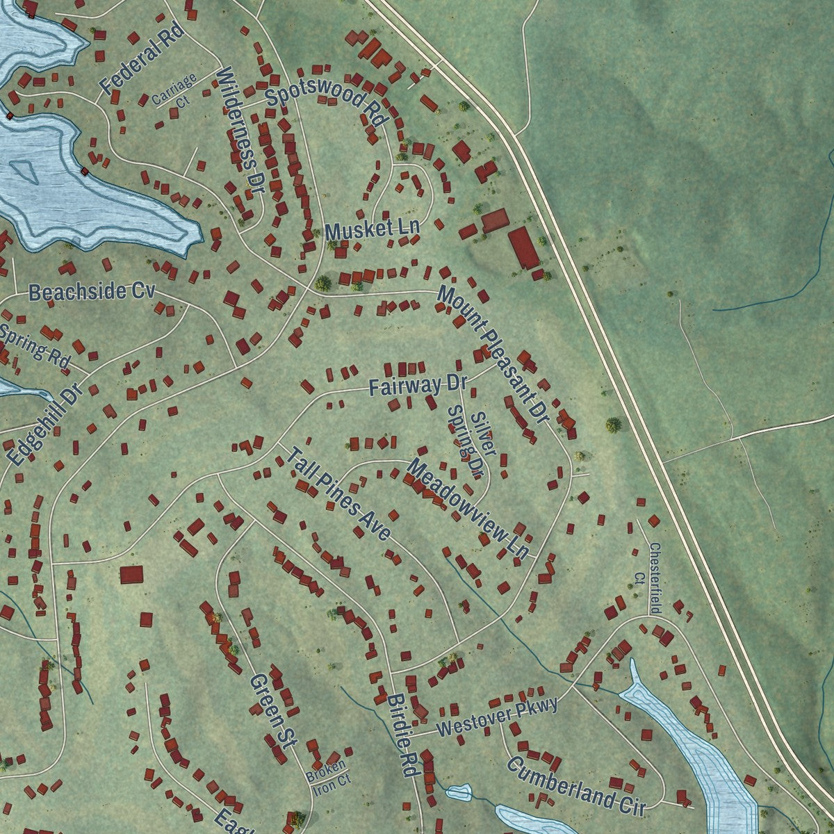 Second close-up of the map of Lake of the Woods, Virginia print showing more streets and buildings