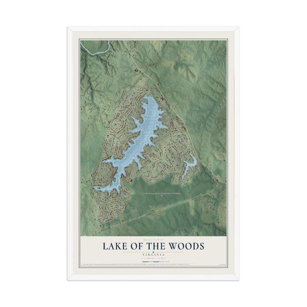 Map of Lake of the Woods, Virginia, 12 x 18 inch print in a white wood frame
