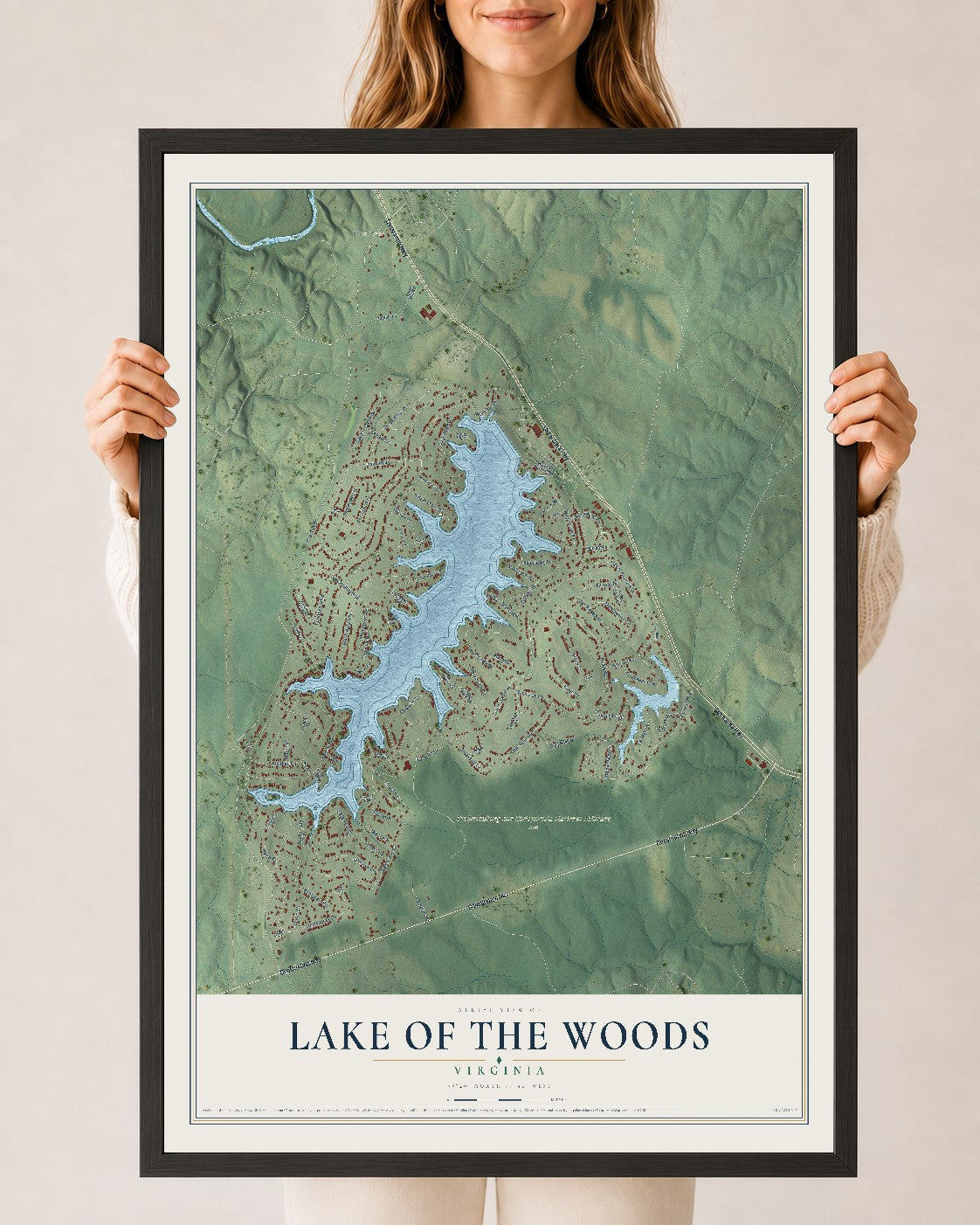 Map of Lake of the Woods, Virginia, 24 x 36 inch print in a black wood frame