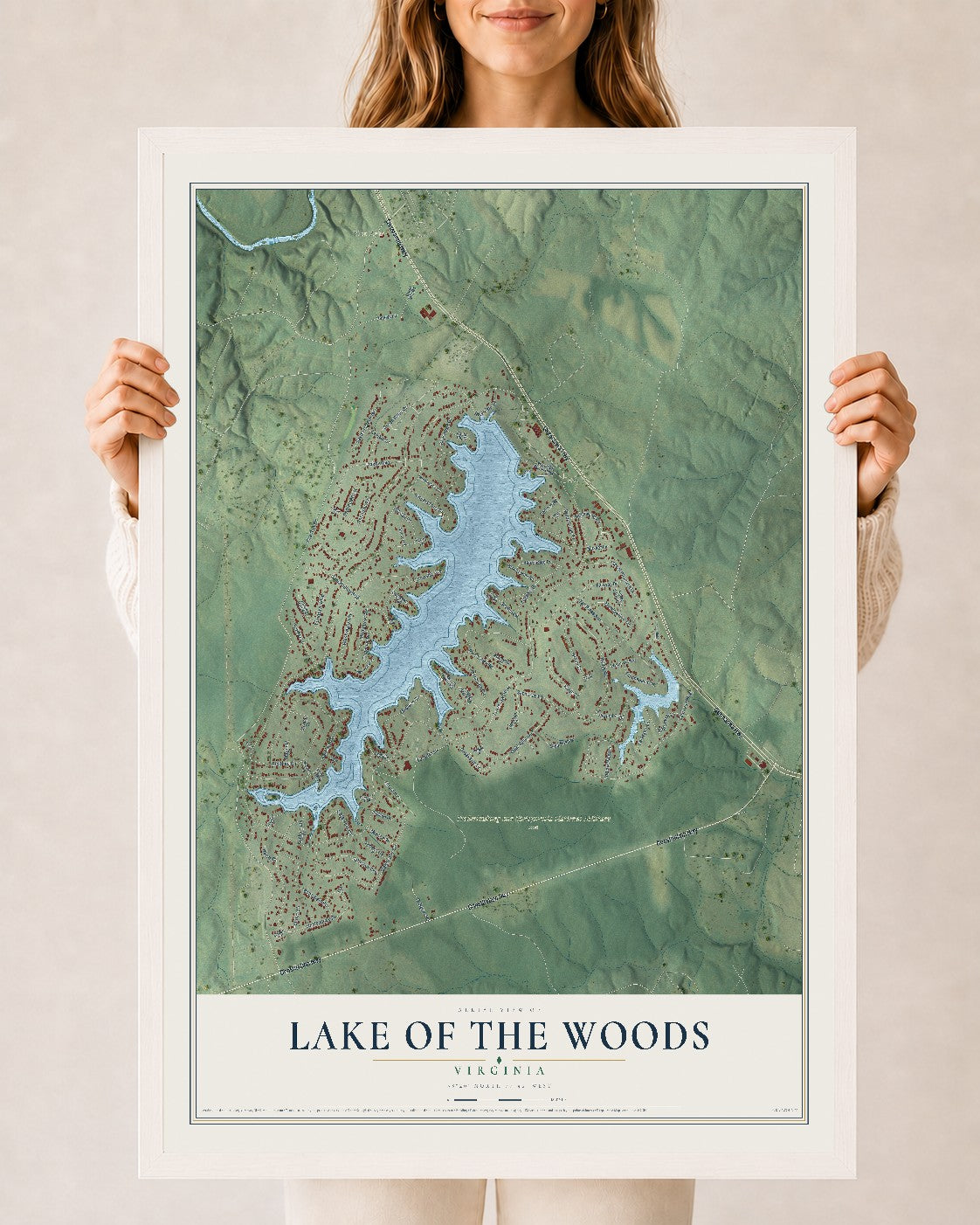 Map of Lake of the Woods, Virginia, 24 x 36 inch print in a white wood frame