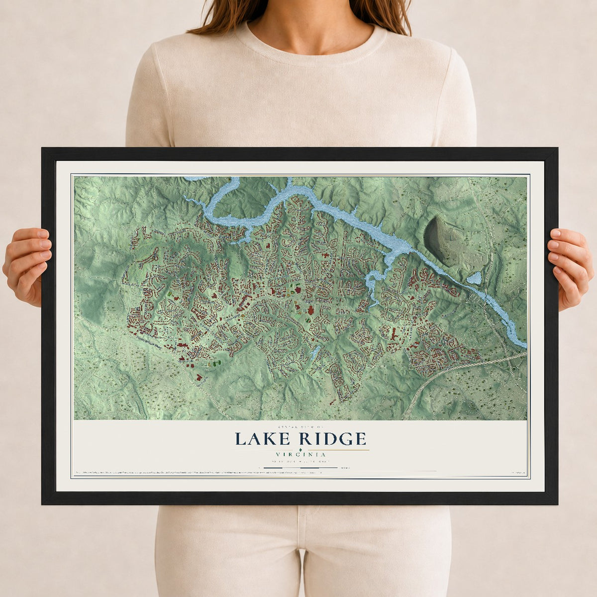 Map of Lake Ridge, Virginia, 12 x 18 inch print in a black wood frame