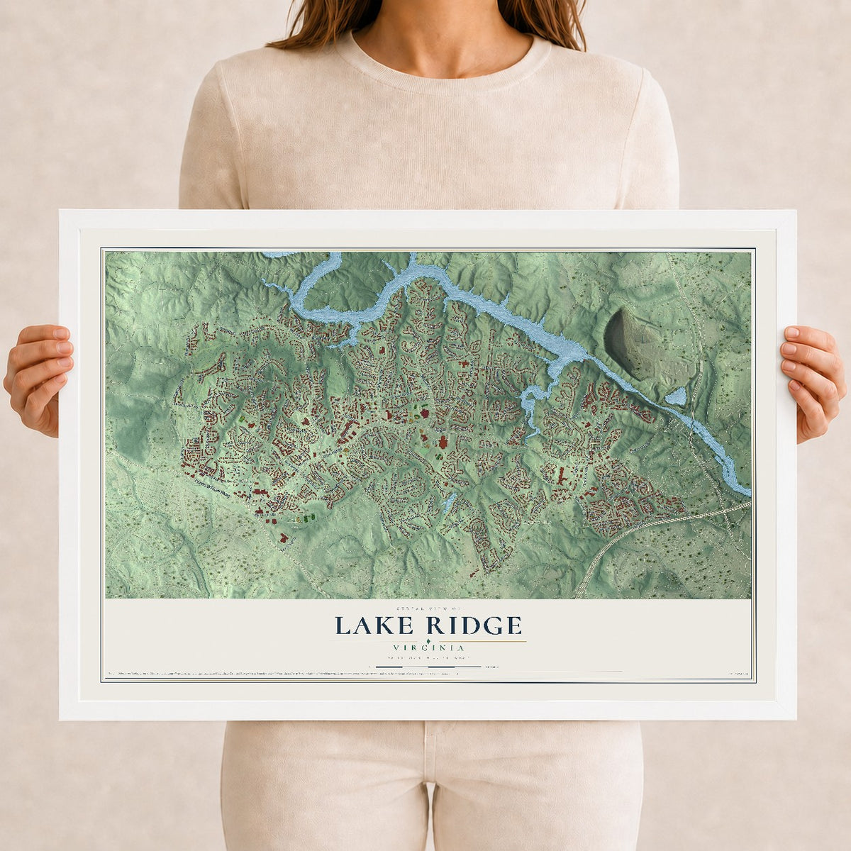 Map of Lake Ridge, Virginia, 12 x 18 inch print in a white wood frame