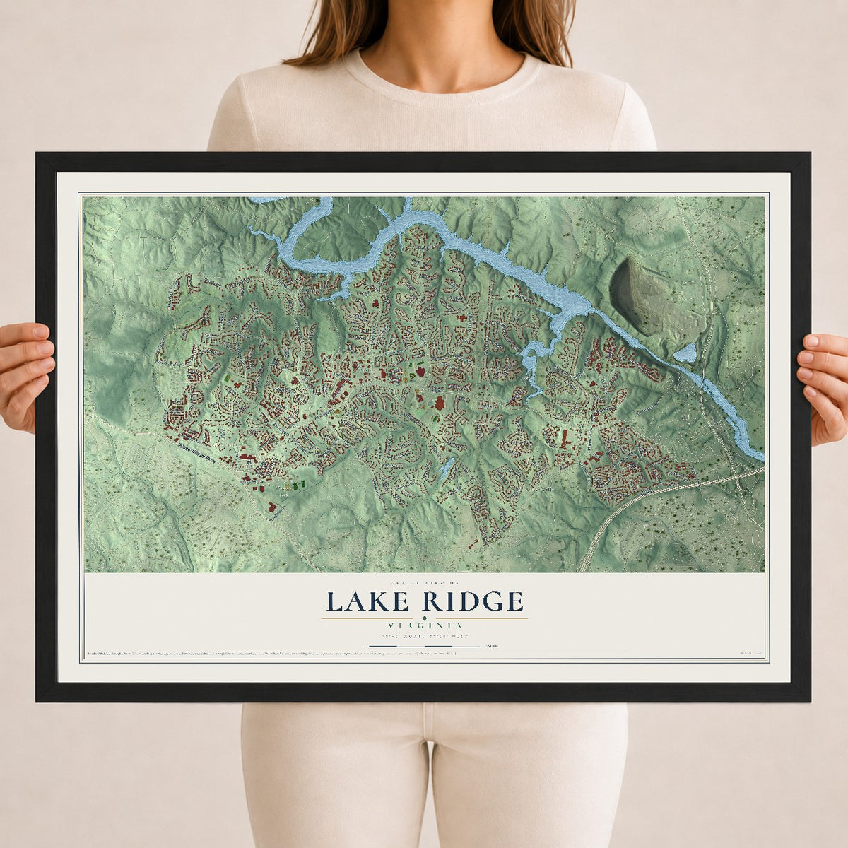Map of Lake Ridge, Virginia, 18 x 24 inch print in a black wood frame