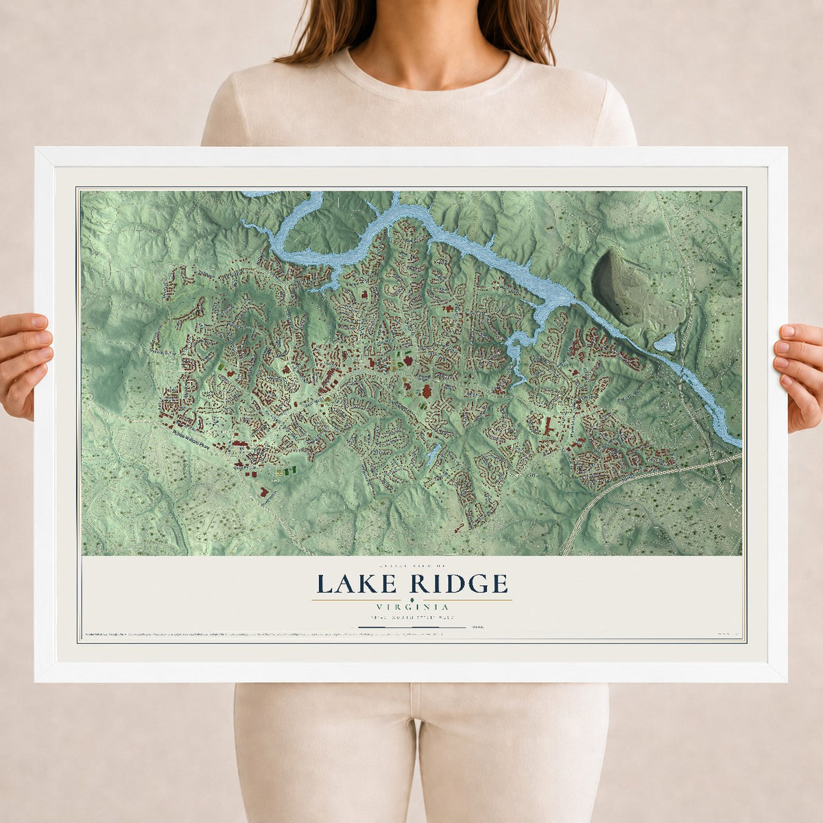 Map of Lake Ridge, Virginia, 18 x 24 inch print in a white wood frame