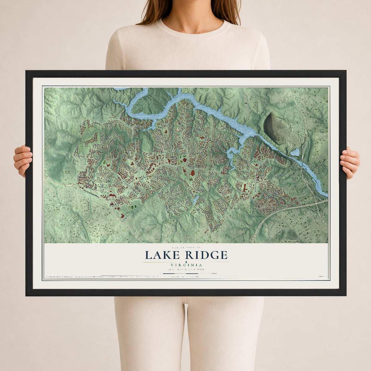 Map of Lake Ridge, Virginia, 24 x 36 inch print in a black wood frame