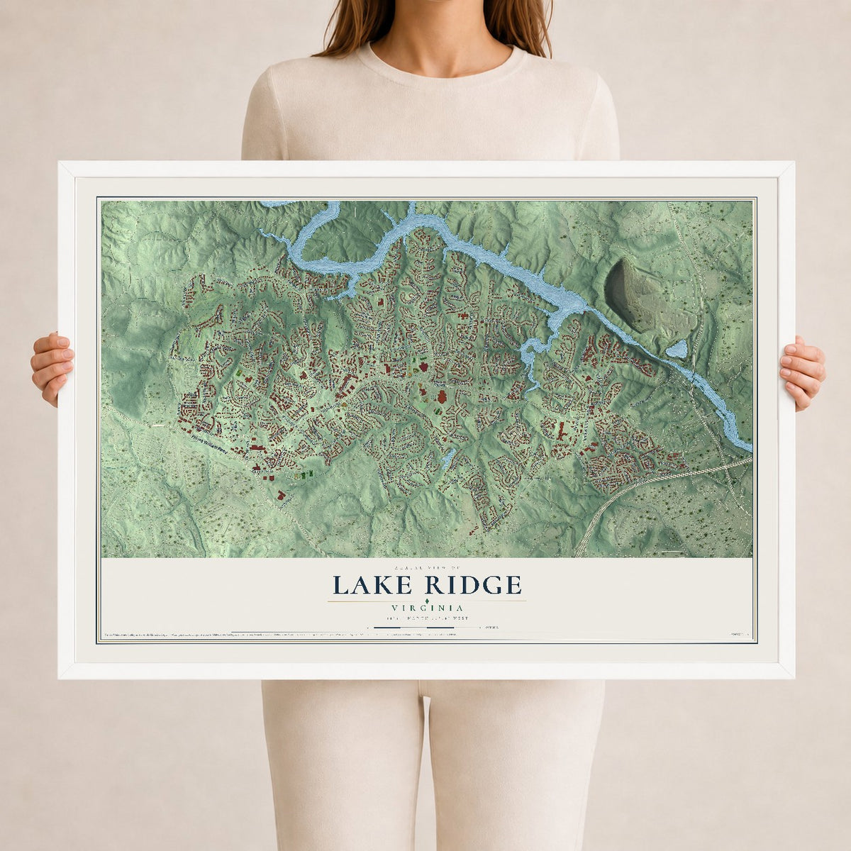 Map of Lake Ridge, Virginia, 24 x 36 inch print in a white wood frame