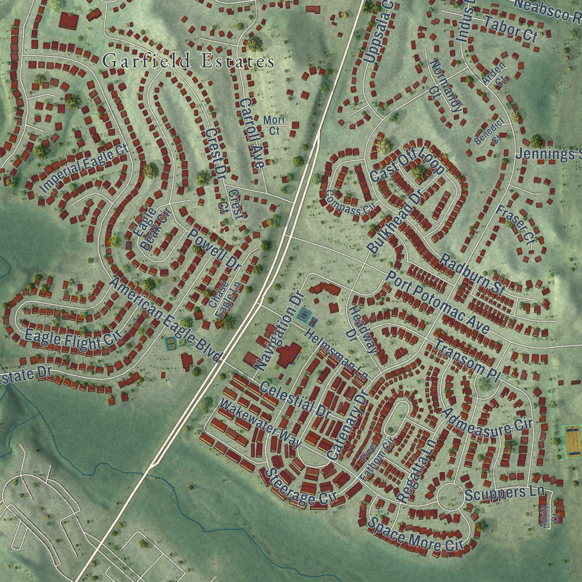 Close-up of the map of Leesylvania, Virginia print showing street and building detail