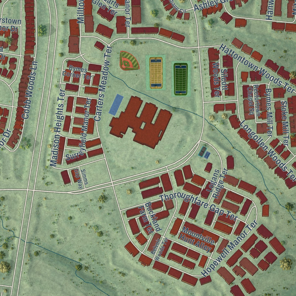Close-up of the map of Loudoun Valley Estates, Virginia print showing street and building detail