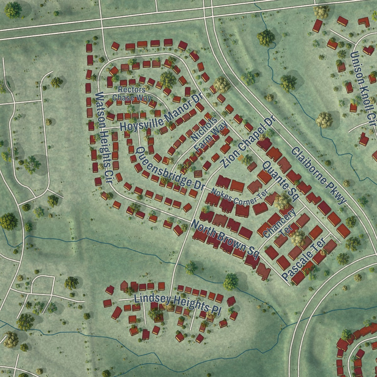 Second close-up of the map of Loudoun Valley Estates, Virginia print showing more streets and buildings