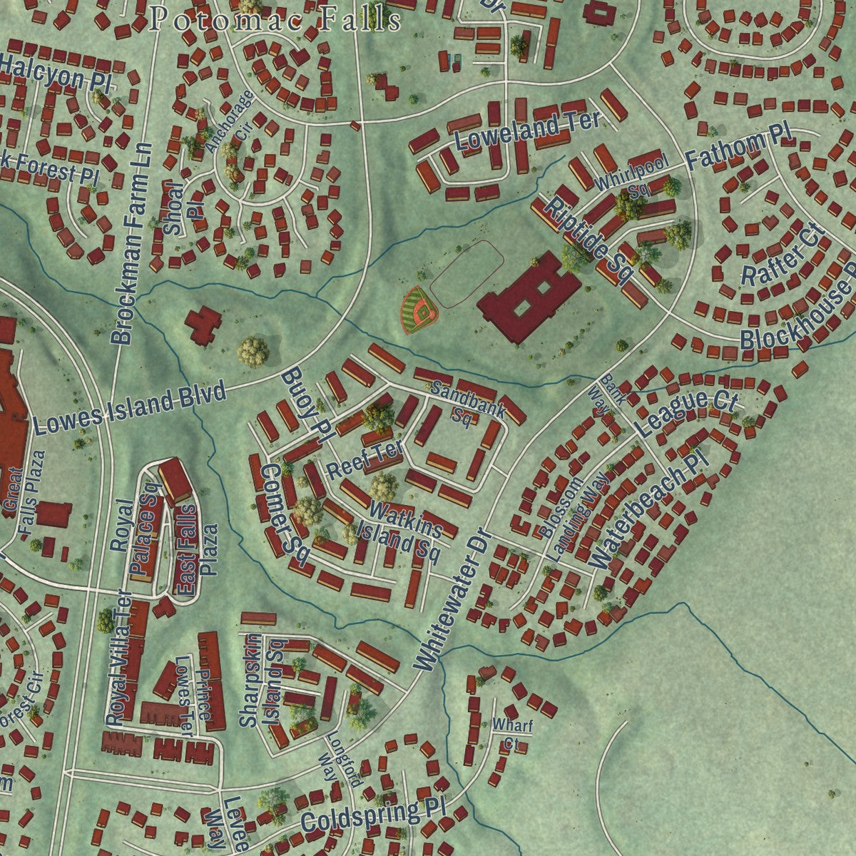 Close-up of the map of Lowes Island, Virginia print showing street and building detail