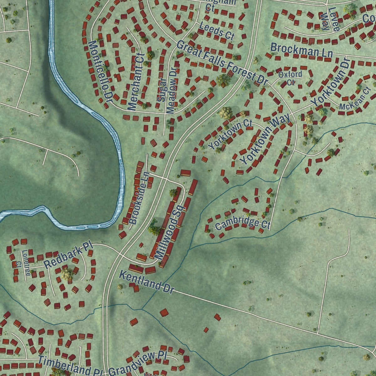Second close-up of the map of Lowes Island, Virginia print showing more streets and buildings