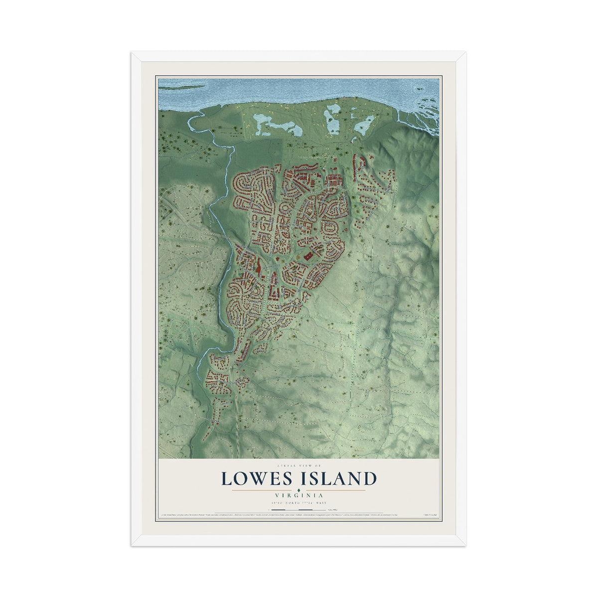 Map of Lowes Island, Virginia, 12 x 18 inch print in a white wood frame