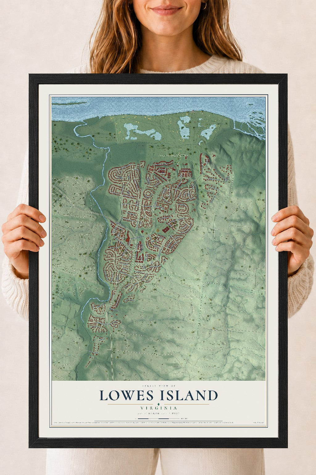 Map of Lowes Island, Virginia, 18 x 24 inch print in a black wood frame