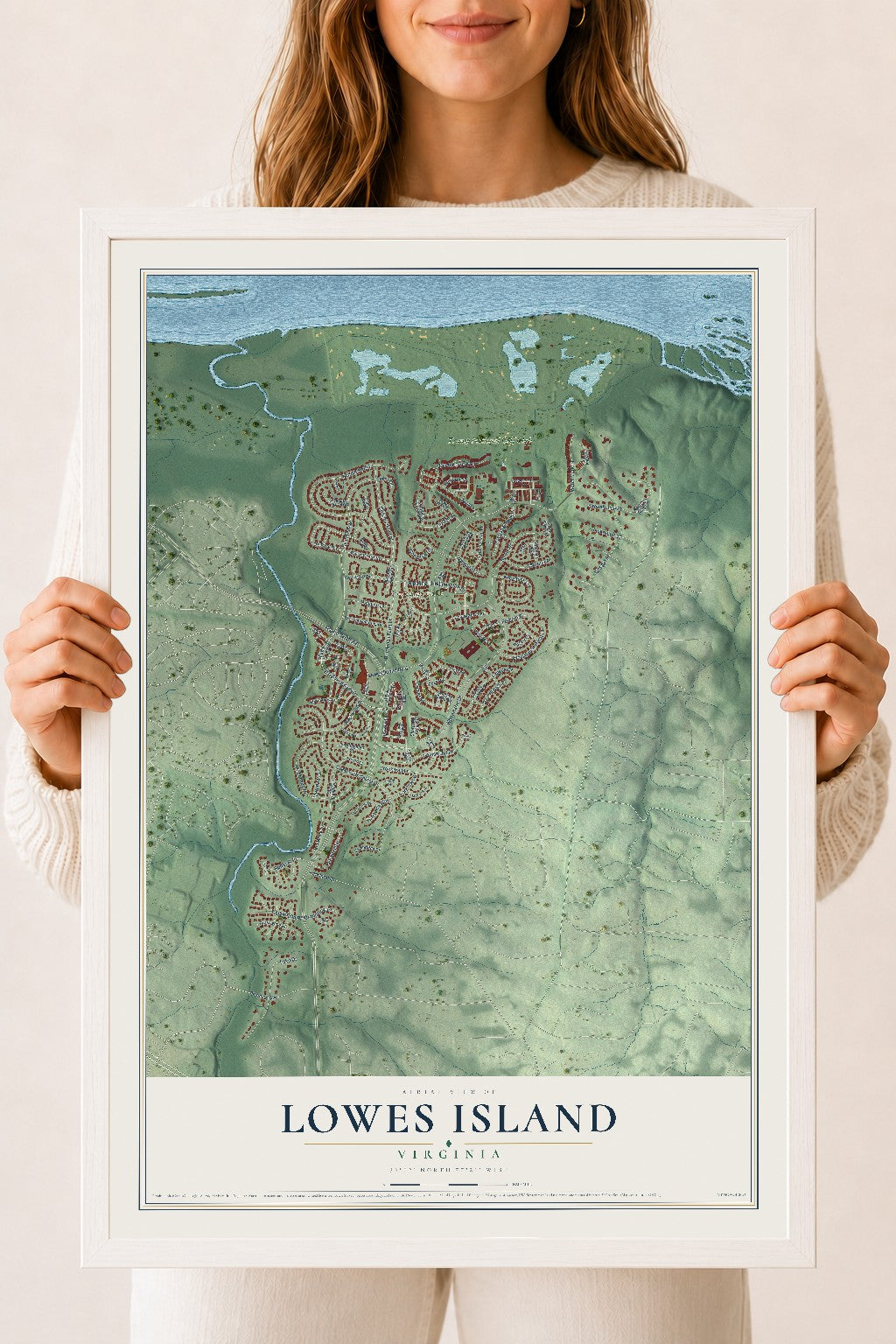 Map of Lowes Island, Virginia, 18 x 24 inch print in a white wood frame