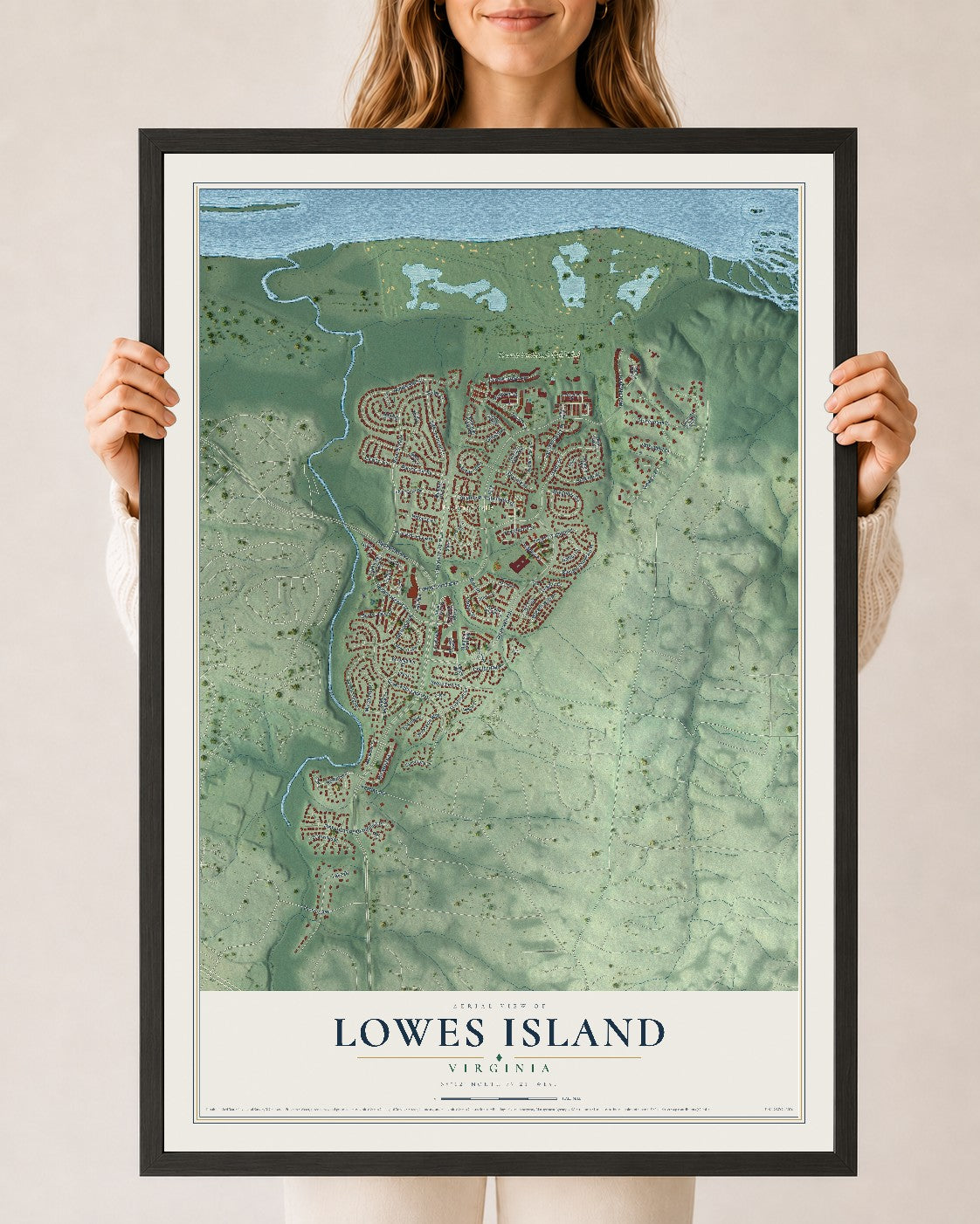 Map of Lowes Island, Virginia, 24 x 36 inch print in a black wood frame