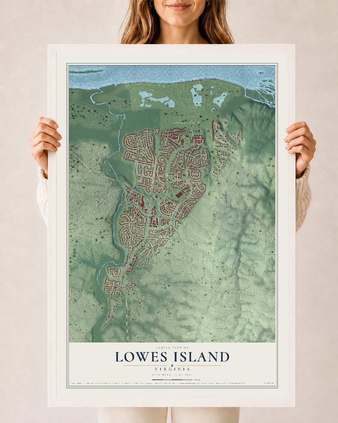 Map of Lowes Island, Virginia, 24 x 36 inch print in a white wood frame
