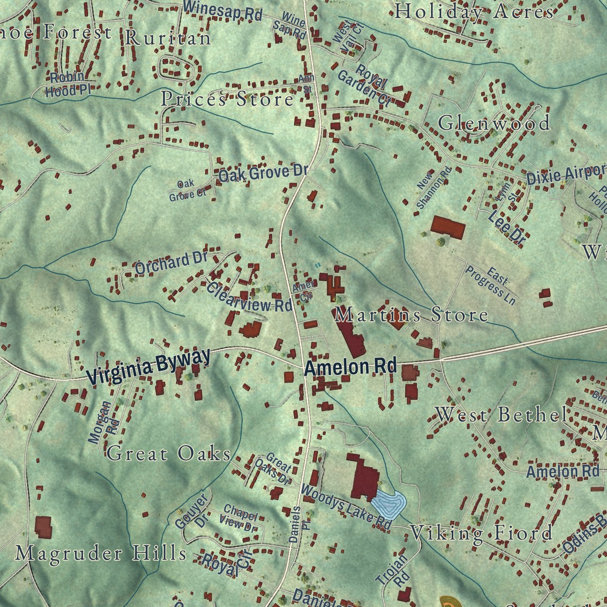 Close-up of the map of Madison Heights, Virginia print showing street and building detail