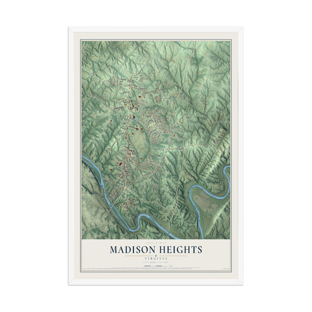 Map of Madison Heights, Virginia, 12 x 18 inch print in a white wood frame