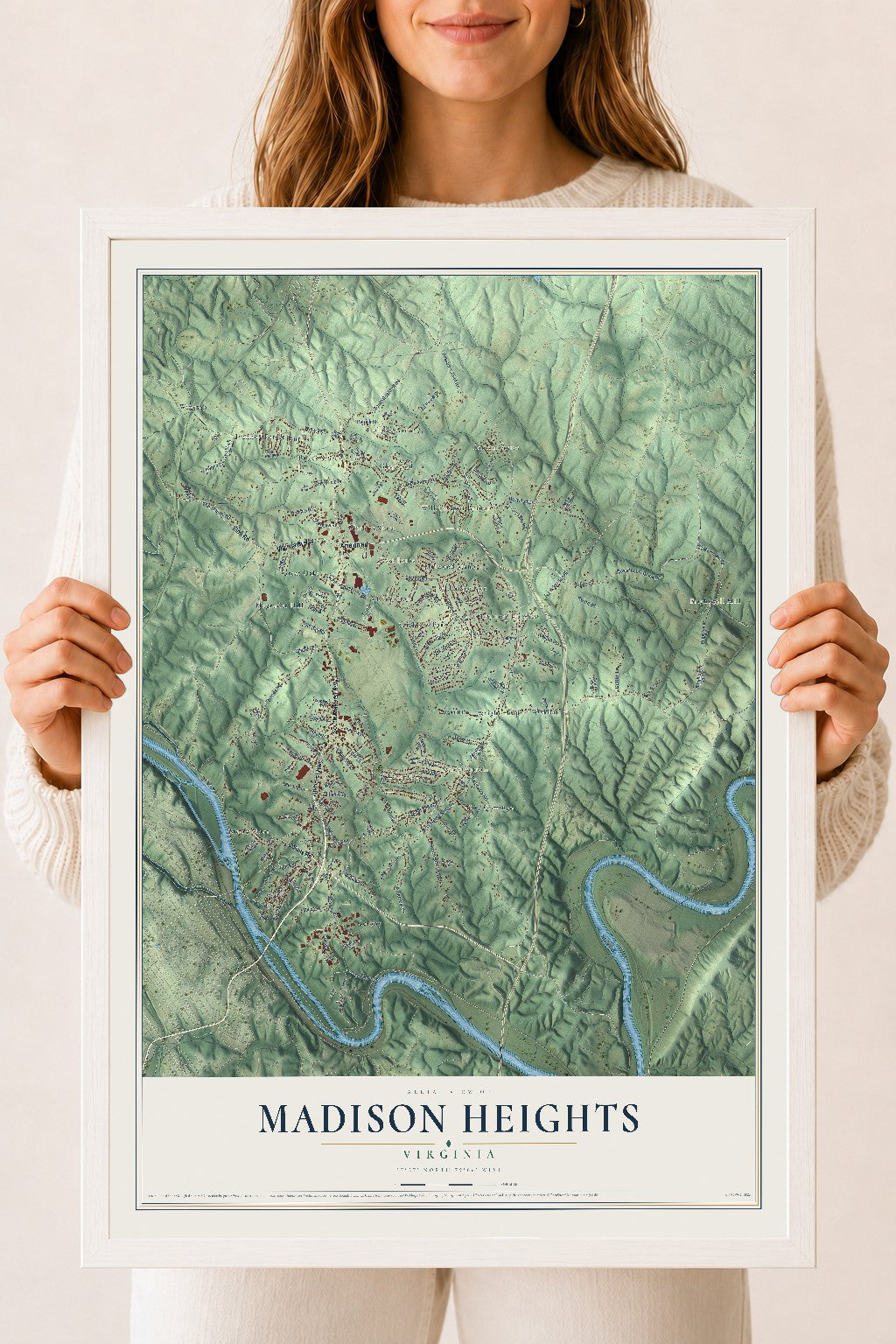 Map of Madison Heights, Virginia, 18 x 24 inch print in a white wood frame