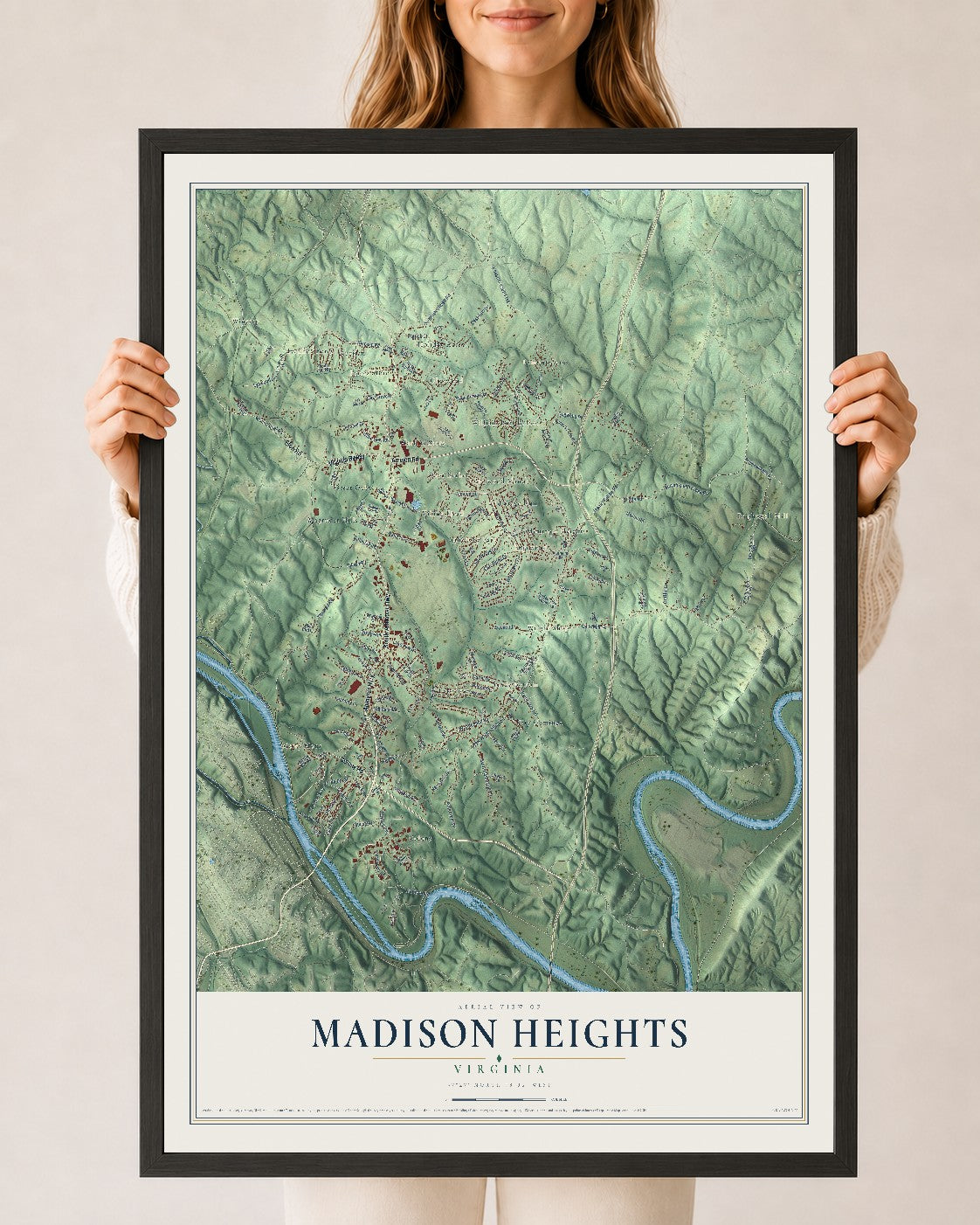 Map of Madison Heights, Virginia, 24 x 36 inch print in a black wood frame