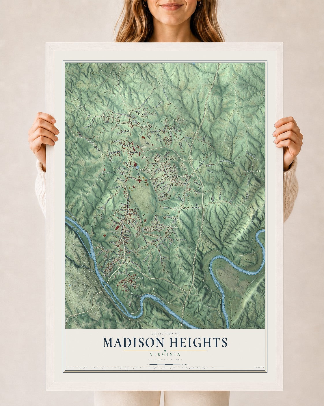 Map of Madison Heights, Virginia, 24 x 36 inch print in a white wood frame